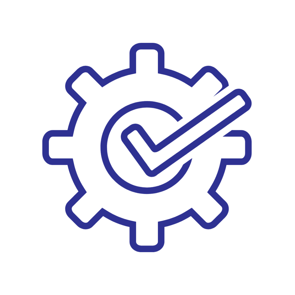 A blue gear icon with a checkmark inside a circle at its center, symbolizing the successful operation of mobile shelving for pharmaceutical supplies. The lines are bold and clear against a white background.