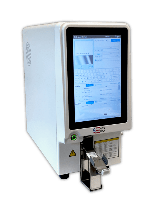 The MH-USA UV Microscope Slide Printer w/ 10 Touch Screen features an intuitive interface, enabling seamless control over settings, keyboard layout, and printing options with its built-in scanner and various buttons and ports.