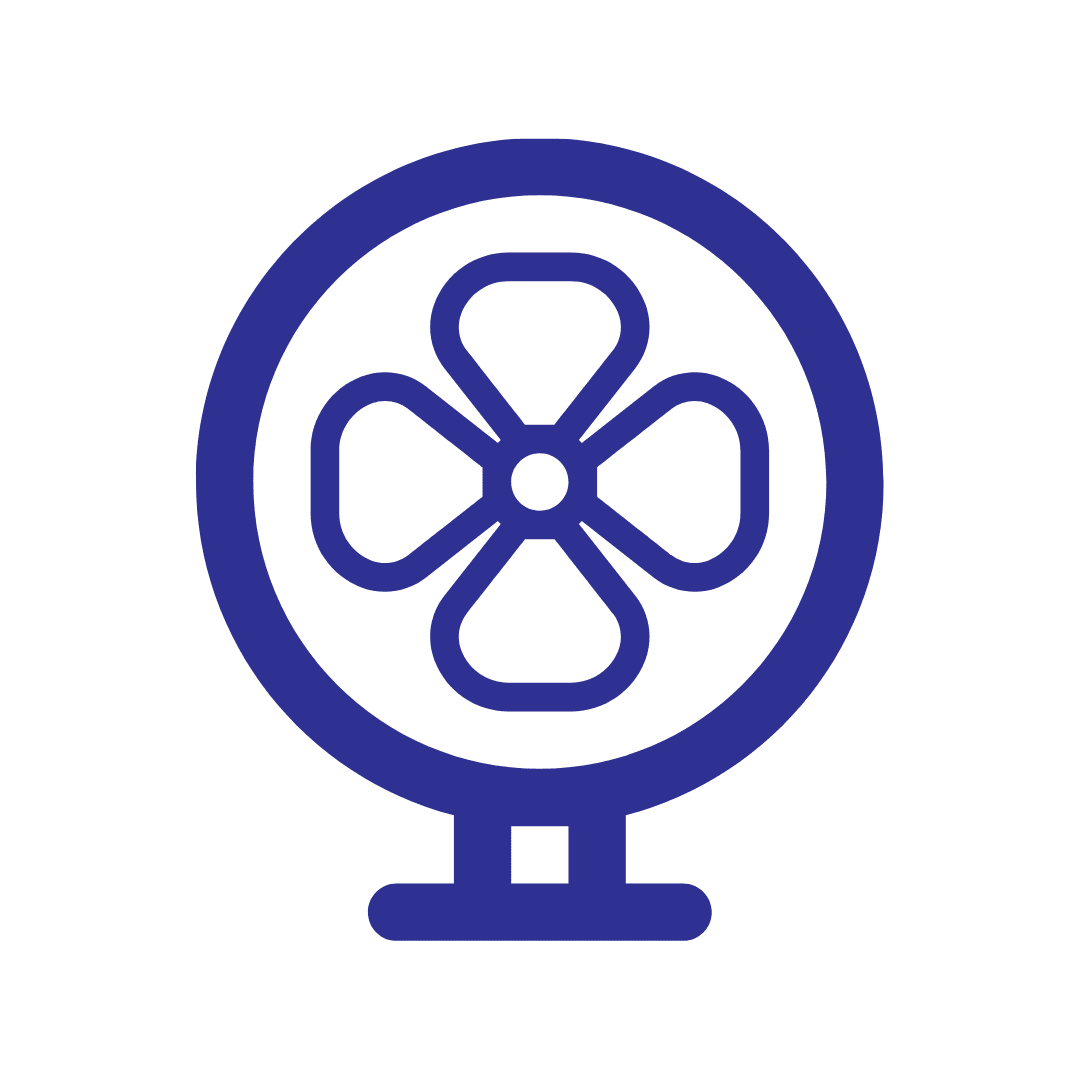 Icon of a blue table fan with four blades and a circular frame, reminiscent of the precision found in pitch-rail pushback pallet rack systems, displayed on a white background.
