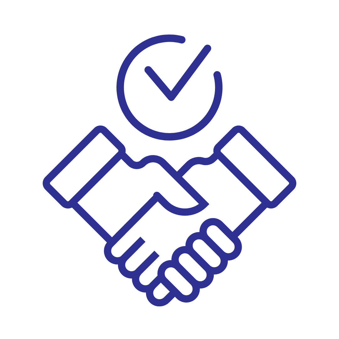 A simple blue line drawing of two hands shaking, with a check mark inside a circle above them, symbolizing agreement or partnership, reminiscent of securing a deal in the logistics world, like finalizing terms for Pitch-Rail Pushback Pallet Rack systems.
