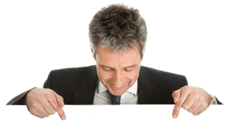 A man in a suit and tie with gray hair is smiling and looking down, pointing with both hands as if directing you to the convenience of Utah parcel lockers. The background is transparent.