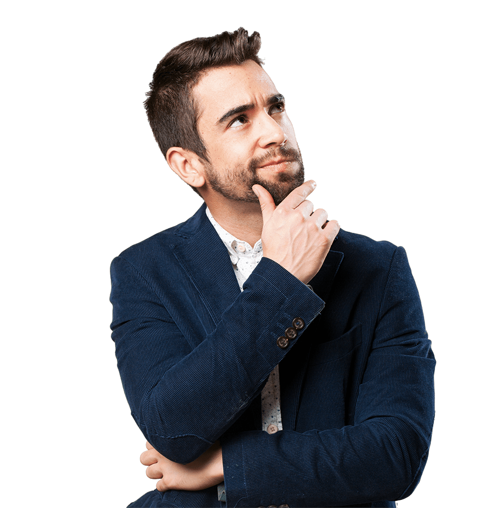 A man in a navy blazer and white shirt holds his chin, gazing thoughtfully upward, as if pondering the convenience of Utah parcel lockers. The background is a plain green.