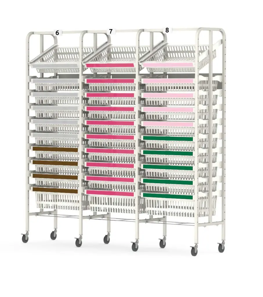 Three vertical racks equipped with Pegasuss RFID Failsafe Medical Inventory System feature multiple swivel trays on wheels. Trays contain papers in pink, green, and brown, with numbers 6, 7, and 8 labeled atop the racks for seamless organization.