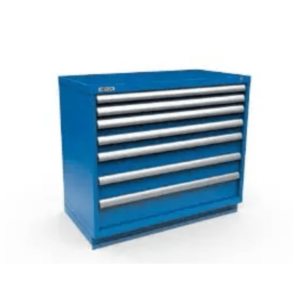 A blue metal tool chest with seven silver drawers, perfect for organizing tools in a workshop or garage. This automotive modular design is rectangular and free-standing, ensuring versatility and efficiency for all your storage needs.