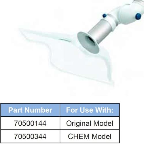 Close-up of a white air duct with an adjustable airflow nozzle attached. Below the image is a table listing part numbers 70500144 for the original model and 70500344 for the CHEM model, designed specifically for laboratory fume extraction and enhanced corrosion resistance.