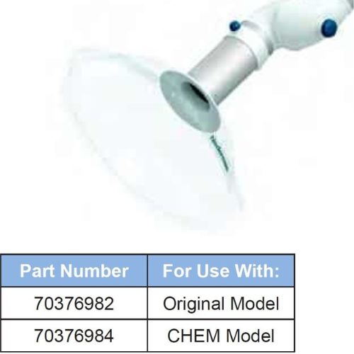 A white industrial lamp with a wide, round shade and a flexible arm hovers above a table. The table lists part numbers 70376982 for the Original Model and 70376984 for the CHEM Model, both essential components in laboratory fume extraction systems.