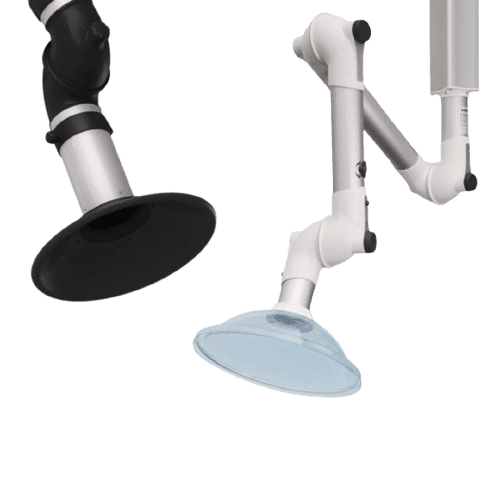 Two flexible extraction arms, showcasing their corrosion resistance, stand against a plain background. The left arm features a black funnel-shaped end, while the right boasts a transparent blue funnel. Both are key components of effective fume extraction systems with adjustable joints for precise positioning.