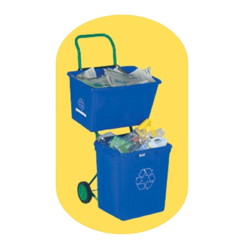 Two stacked blue LEWISBins+® recycling bins filled with newspapers and plastic items, featuring recycle symbols and a green handle. Positioned on a yellow background, these industrial containers showcase efficiency and eco-conscious design.