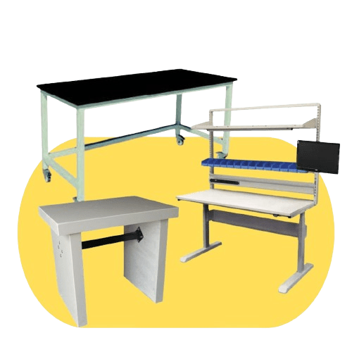 Three technical workstations are displayed: a large black-topped table with metal legs, an adjustable height lab table in light gray with a support bar, and an industrial workbench with a tool rack and blue padding. They are set against a yellow background.