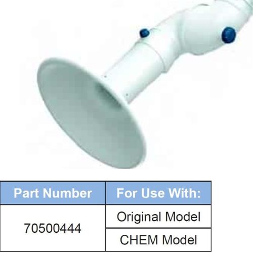 A white nozzle or hose attachment with a flared end, designed for adjustable airflow. Below is a table with part number 70500444 listed for use with the Original Model and the CHEM Model.