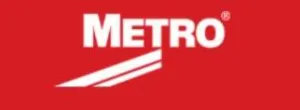 The image features a red background with METRO in bold, white uppercase letters. Below, three diagonal white lines echo the sleek organization of metal shelving, each progressively shorter, crafting a dynamic visual effect.