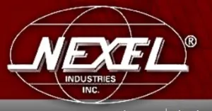 Logo of NEXEL Industries Inc. in white text with bold, futuristic styling against a red background. An abstract globe design encircles the brand name, reflecting their strength in innovation and metal shelving solutions.