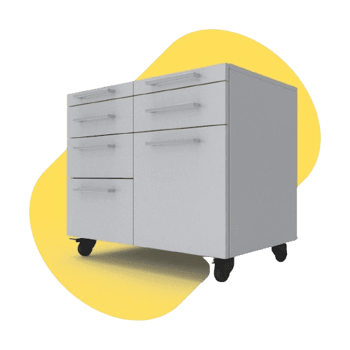 A white, wheeled file cabinet with four drawers sits against a yellow, abstract backdrop, reminiscent of a process research lab. The sleek and straight handles contribute to its modern appearance.
