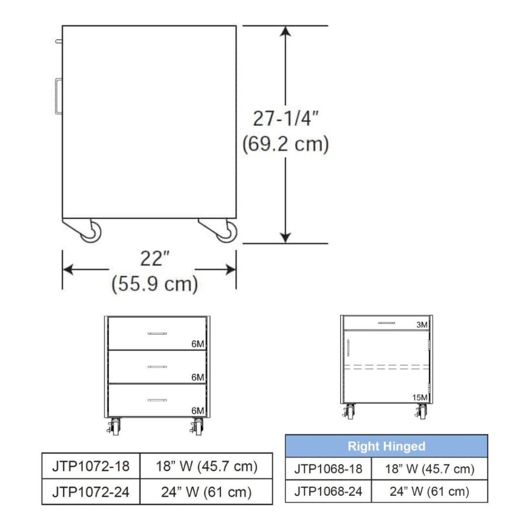 Diagram illustrating dimensions of a cabinet with a handle, measuring 27-1/4 inches (69.2 cm) in height and 22 inches (55.9 cm) in width, ideal for dynamic lab environments. The bottom showcases tables with model numbers and dimensions, perfect for technical workstations built for precision.