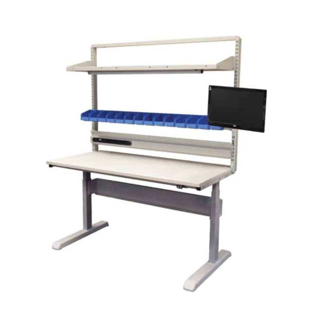 A workstation with a white tabletop, metal frame supporting two shelves, blue storage bins, and an attached black monitor. This durable lab workstation boasts an ergonomic design, ideal for organizing tools and materials in dynamic lab environments.