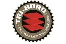 Logo for TRI-BORO Shelving & Partition Corporation. Showcases three red metal shelves inside a circular emblem with a jagged black border. The company name wraps around the top, while the service description is neatly placed at the bottom.
