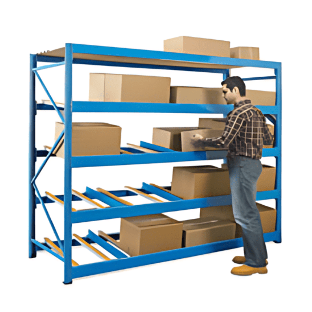 A person in a plaid shirt and jeans is meticulously organizing cardboard boxes on a blue metal shelving unit in the retail stockroom. The shelves are partially filled with various sized boxes, creating a tidy and efficient storage space.