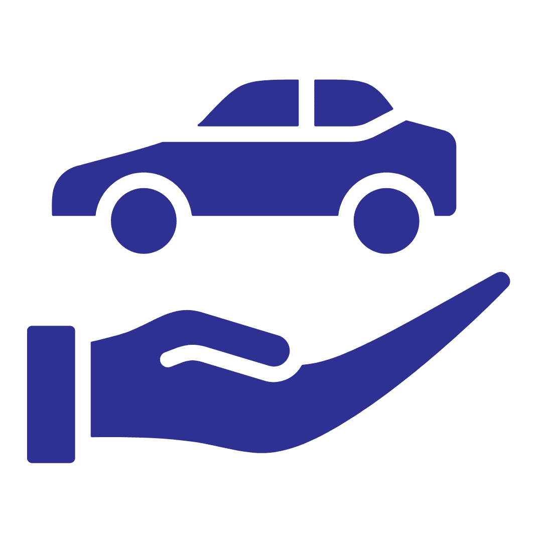 A blue icon of a car above an open hand symbolizes car protection or insurance. The minimalist design evokes trust, while subtly hinting at innovative solutions like automated tire storage for seamless vehicle care.