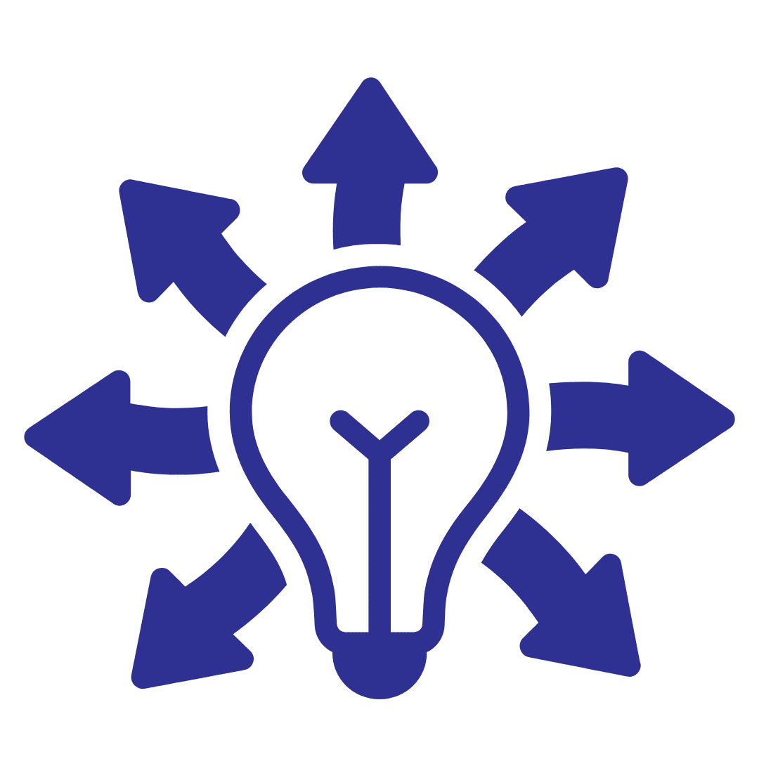 A blue light bulb icon in the center with eight arrows radiating outward, symbolizing creativity and ideas, resembles the innovative design often seen in modern carpet machines.