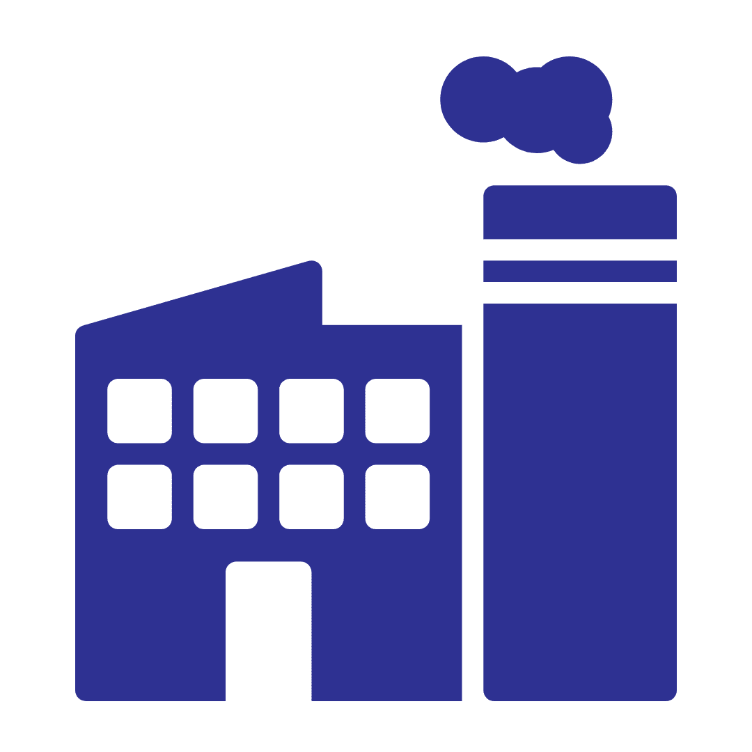 Blue icon of a factory with a main building featuring five large square windows and a tall smokestack emitting two puffs of smoke, symbolizing advanced automated tire storage systems within its efficient industrial design.