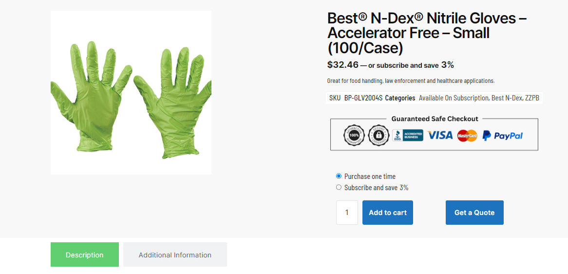 The image showcases a pair of green N-DEX nitrile gloves next to a product listing, emphasized for their accelerator-free design. Perfect for healthcare settings, theyre priced at $32.46 per case of 100, with payment options including Visa, Mastercard, and PayPal.