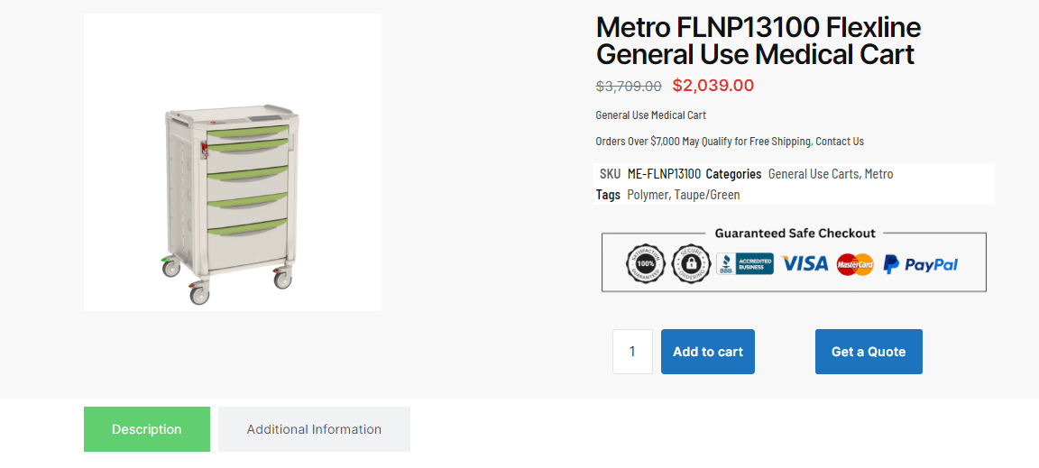 Discover the Metro FLNP13100 Flexline General Use Medical Cart, perfect for healthcare facilities. Priced at $2,039, this taupe/green cart features four drawers and safe checkout icons. Click Add to Cart now for seamless integration into your medical practice.