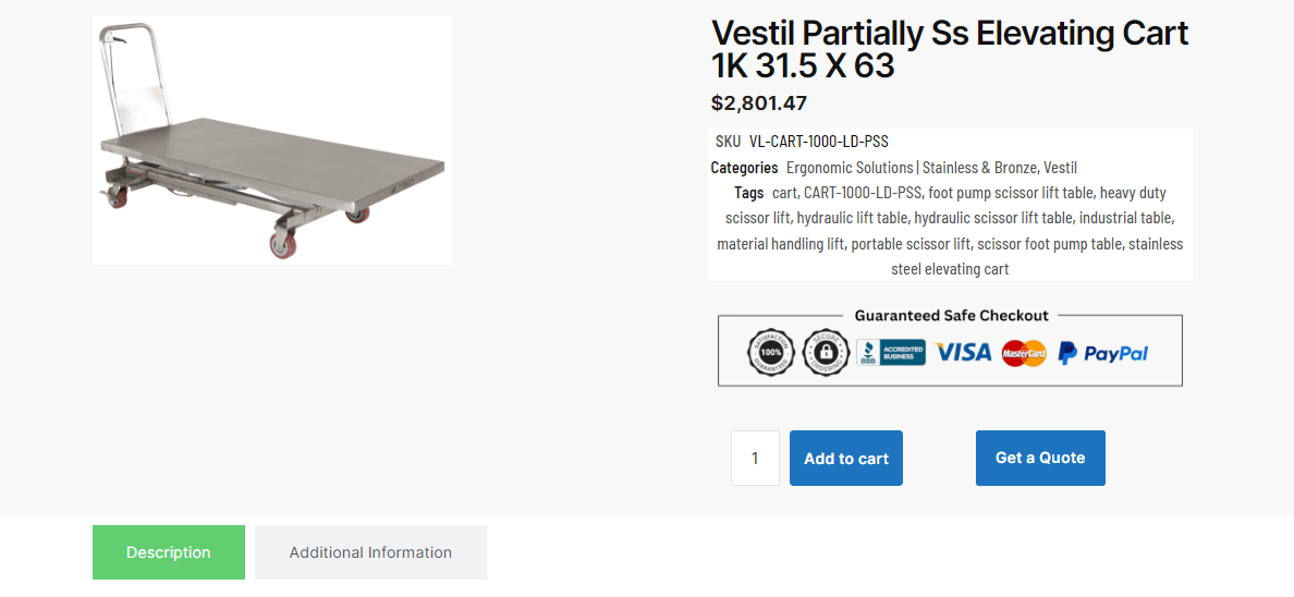 Image of a product listing for a Vestil Partially Ss Elevating Cart, essential for healthcare settings. Features include a wheeled platform. Price: $2,801.47. Options to add to cart or request a quote. Payment methods include Visa, Mastercard, and PayPal.