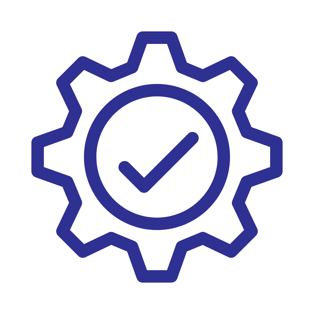 A blue gear icon with a check mark inside, reminiscent of the reliability youd find in a Chain Link Storage Cage.