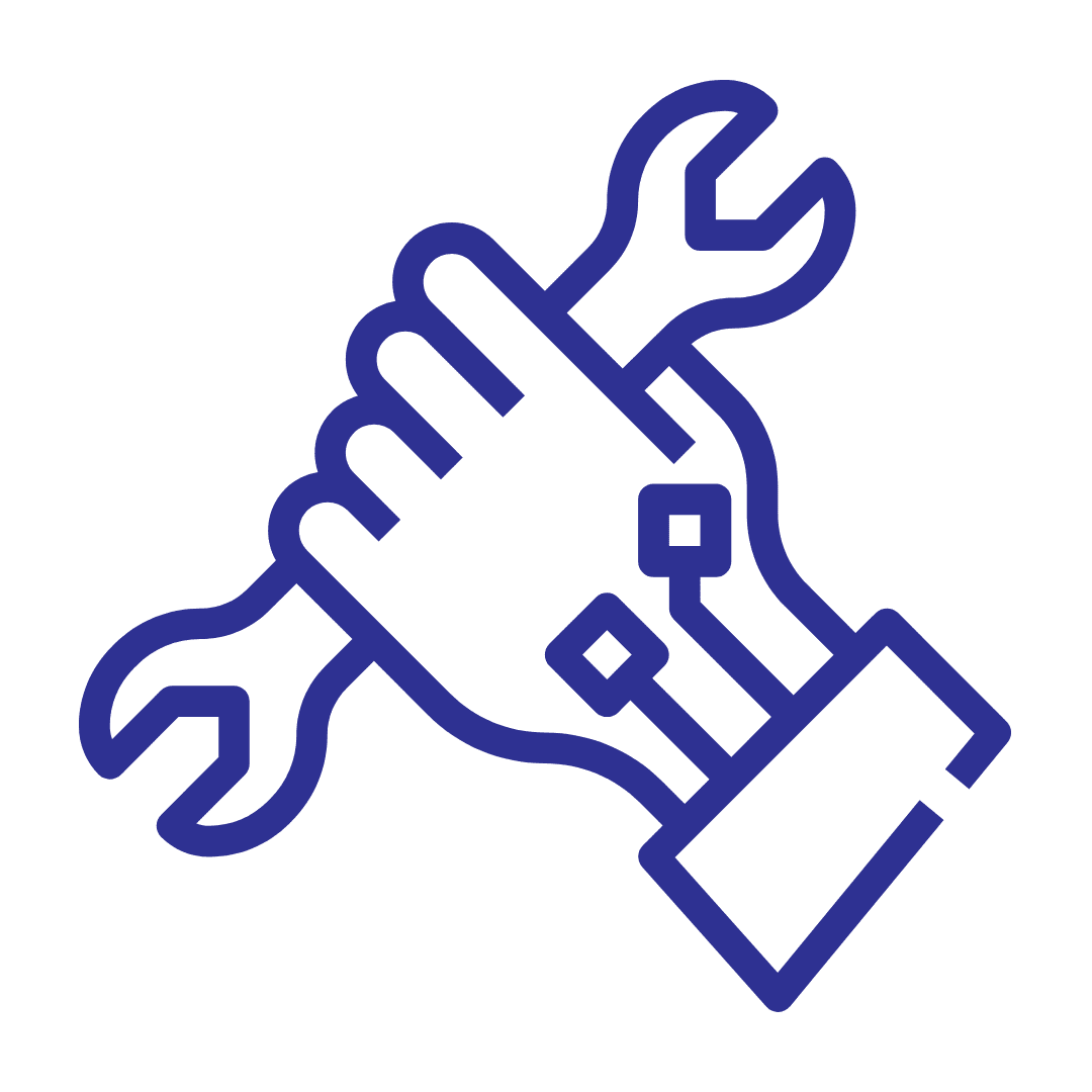 Illustration of a hand holding a wrench, crafted in a stylized gear-like pattern to symbolize repair or mechanics. The color scheme is blue, evoking the sturdy feel of a chain link storage cage.