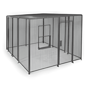 A large, transparent, square pet cage with a flat roof and central door, resembling a chain link storage cage. The sides and top are clear panels supported by a dark frame, with a smaller opening on one side.