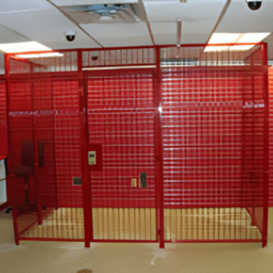 A bright red chain link storage cage with a locked door stands in an office space. Inside, theres a matching red office chair. Overhead, fluorescent lights shine down alongside a vigilant CCTV camera, while the floor beneath remains a neutral beige.