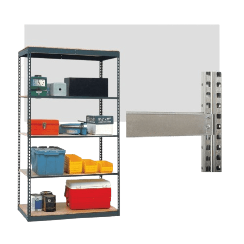 A metal shelving unit with various items, including boxes, a clock, and coolers, is showcased. To the right, theres a close-up of a metal frame segment, highlighting strategic warehouse layout planning to maximize storage space effectively.