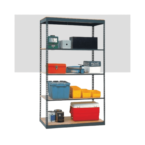 A metal shelving unit with five shelves holds various items, including boxes, a clock, a red cooler, blue containers, and yellow bins. The shelves are evenly spaced, and the background is plain gray.