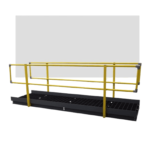 Yellow steel safety railing with a black grated walking platform optimizes space efficiently. The railing extends along the edges, ensuring secure passage in industrial or construction settings, making it a vital component of strategic warehouse layout planning.