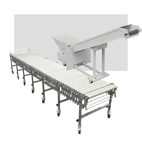 A white, portable conveyor belt system on wheels, featuring a slanted hopper for loading materials, enhances warehouse layout optimization. Made of metal with roller bars, it is designed for easy transportation and adjustment in industrial settings.
