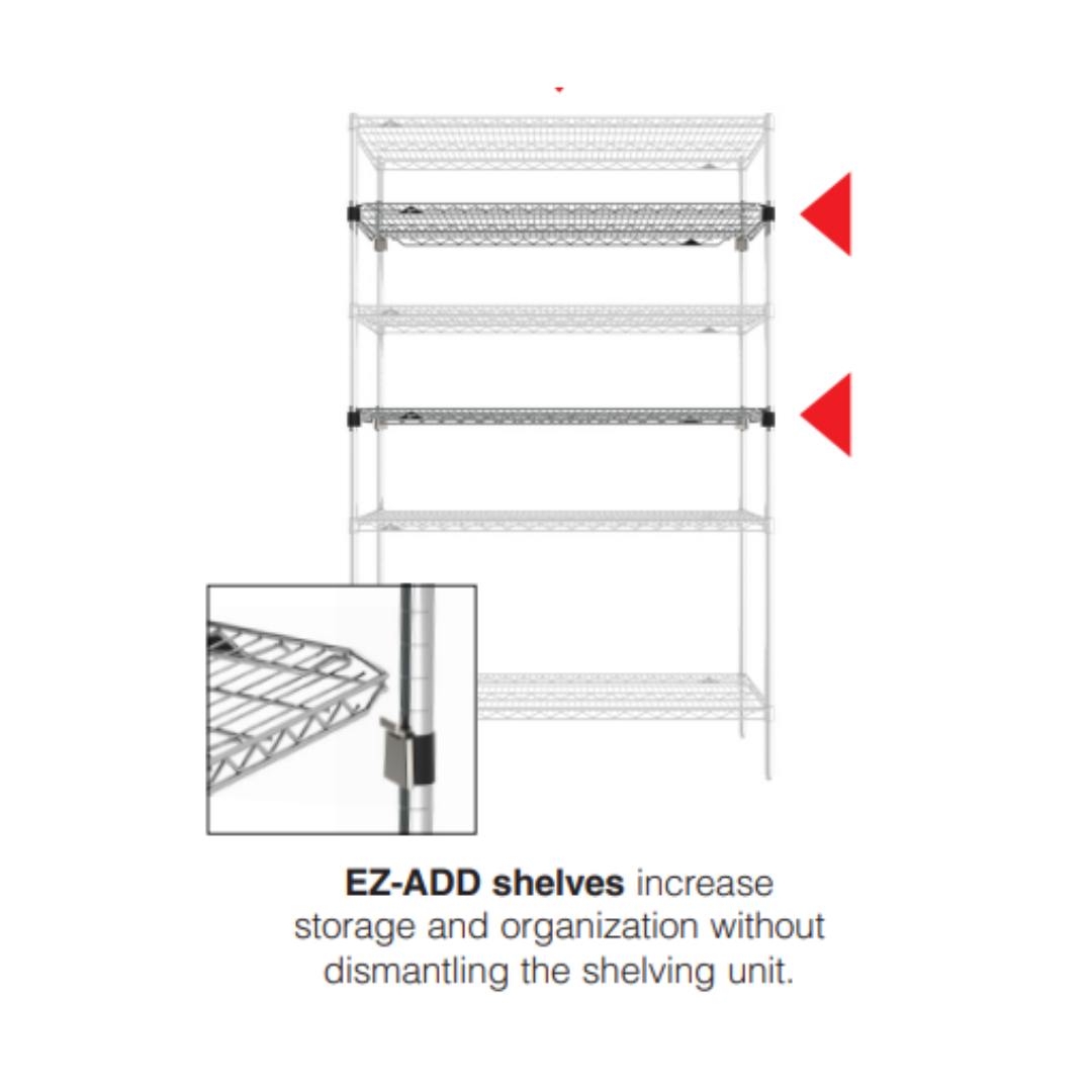 A tall, metal shelving unit with adjustable wire shelves showcases its versatility. Two red arrows highlight the expandable EZ-ADD shelves. An inset features a close-up of the shelving attachment. Text below reads, EZ-ADD shelves increase storage and organization.