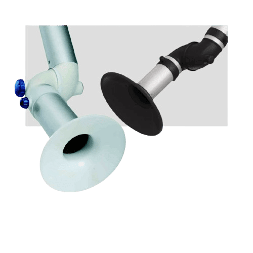 Two industrial extraction arms with flexible joints and round nozzles are shown against a plain background. One nozzle is white, and the other is black. These arms are used for removing fumes or airborne particles in workspaces.