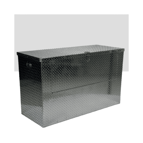Metallic diamond plate toolbox with a hinged lid, designed for storage. The rectangular box has a textured surface and appears to be free-standing on a plain background.