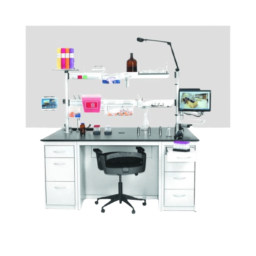 A dental workbench with a black chair, organized shelves holding dental tools, bottles, and containers. A monitor and a lamp are attached to the bench. Four drawers on each side for storage.