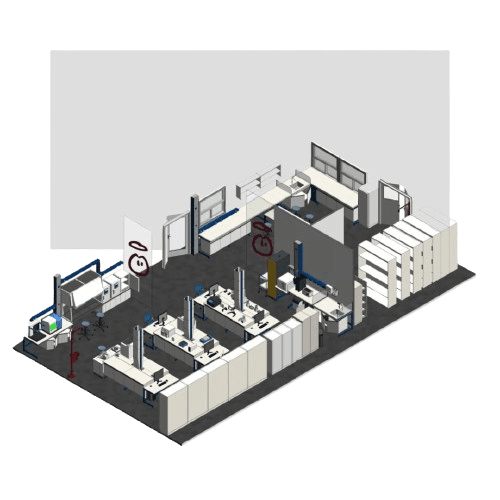 Isometric floor plan of an office space showcasing multiple desks with computers, divider walls, cabinets, and meeting areas. The layout optimizes workflow with workstations aligned in rows and storage units on one side for a cost-effective setup.