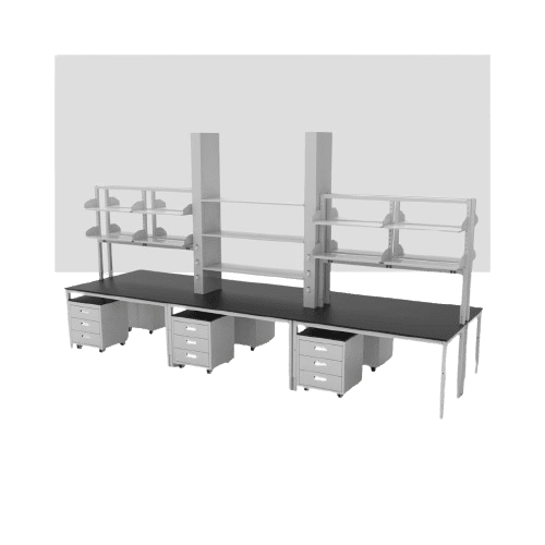 Modular office workstation with two long black desks, storage shelves on top supported by vertical dividers, and multiple small mobile drawer units underneath. The design is minimalist and functional.