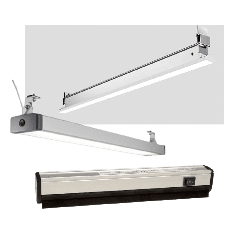 Three LED strip lights in various styles are arranged on a transparent background. The top light has a metallic finish, the middle one is silver with mounting clips, and the bottom light has a black and silver casing with a power switch.