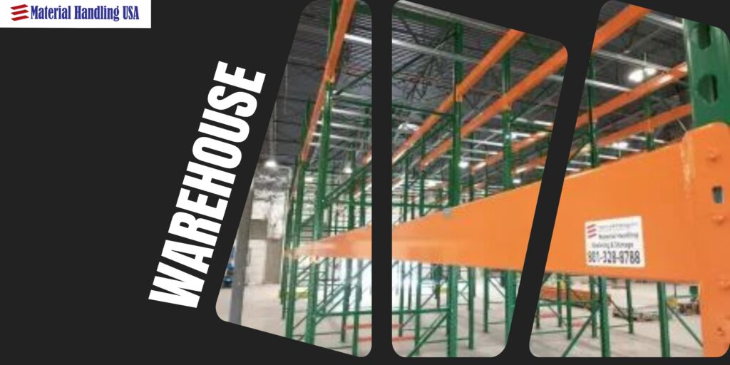 Warehouse interior with large, empty green and orange shelving racks. The word WAREHOUSE is on the left in bold white text. The top left corner features a small logo reading MH USA, representing Material Handling USA.