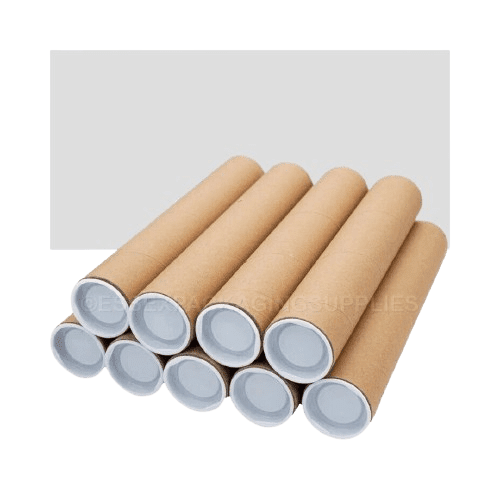 A stack of ten brown cardboard mailing tubes arranged in a pyramid shape. Each tube has a white plastic cap on both ends, and they are placed on a plain white background.