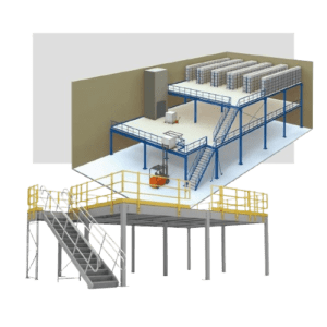 Illustration of a two-level industrial storage system designed to maximize storage space in the warehouse. The top level features blue shelving, accessible via a metal staircase with yellow railings, while a forklift and added storage space enhance efficiency on the lower level.