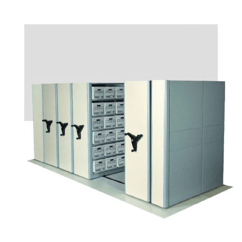 A large gray filing cabinet system with multiple doors, one of which is open to reveal rows of organized storage boxes inside, exemplifies strategic warehouse layout planning. The cabinets, featuring black handles, are set against a plain backdrop.