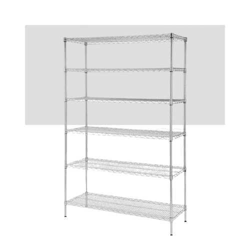A metal shelving unit with five wire shelves, designed for storage and organization. The structure is simple and open, with a silver finish. The background is plain and light gray.