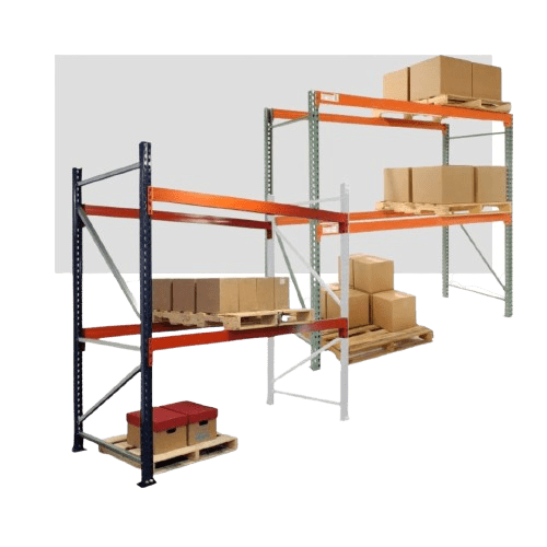 Warehouse shelving with three levels, stocked with brown cardboard boxes and some wooden pallets. Featuring orange beams and vertical metal supports, this design showcases strategic warehouse layout planning while accommodating various box sizes=