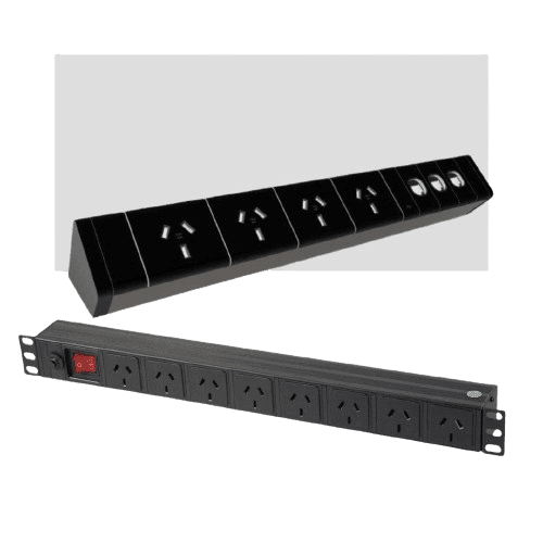 A black power strip with multiple outlets and a red switch is shown beside another black power strip with several outlets and mounting brackets on both ends. Both are designed for electrical connections.