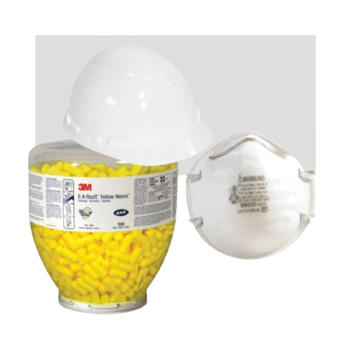 A transparent container filled with yellow earplugs, a white hard hat resting on top, and a white respiratory mask with black lettering beside it, all on a white background.